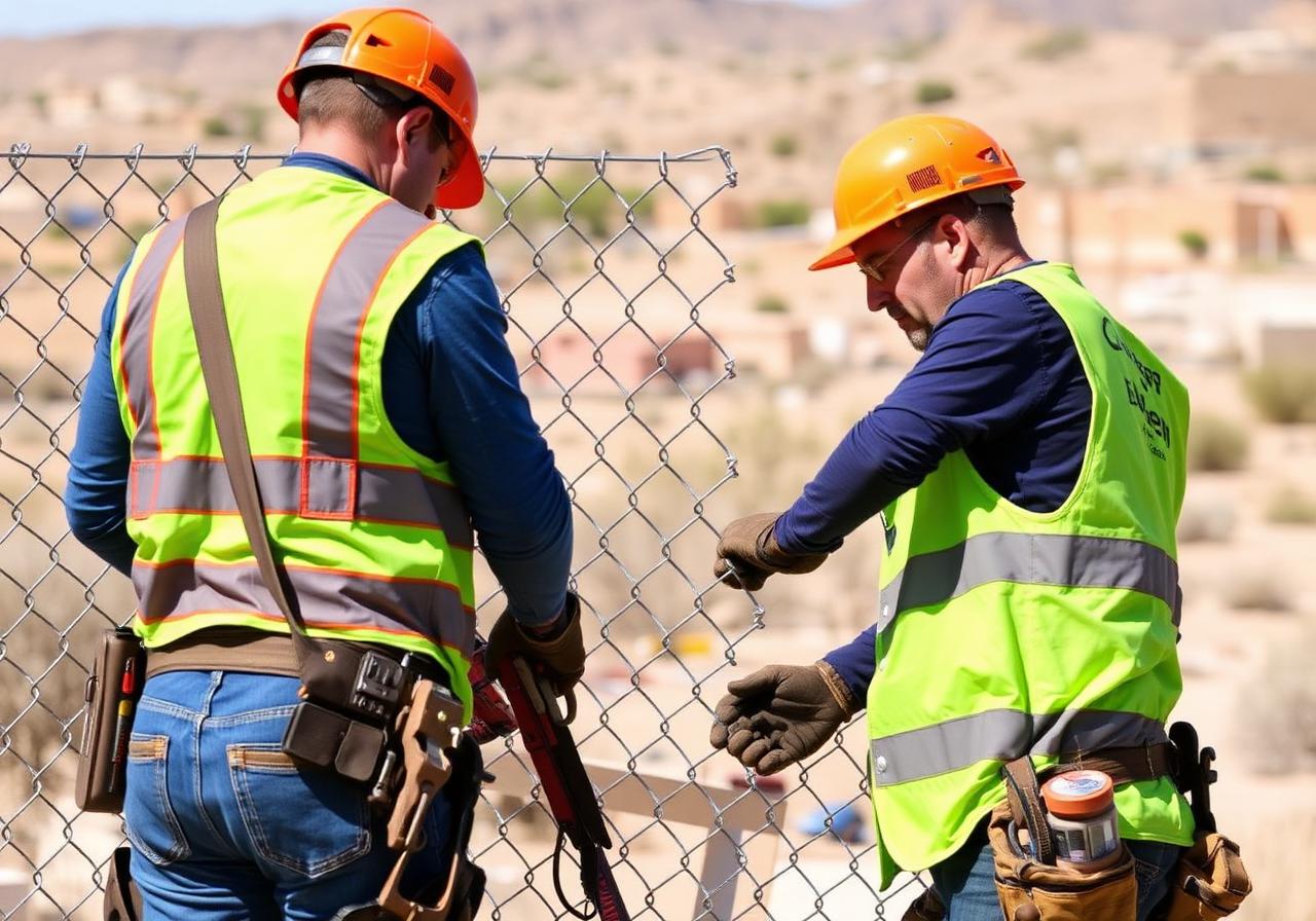 Allied Fencing crew installing chain link fence in El Paso